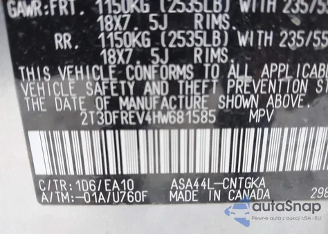 2017 Toyota Rav4 Limited from USA, damaged, VIN 2T3DFREV4HW681585